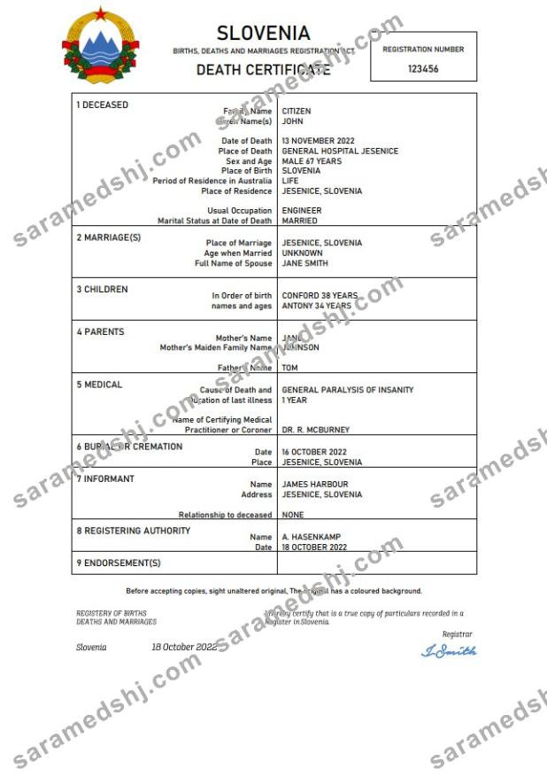Slovenia vital record death certificate Word and PDF template